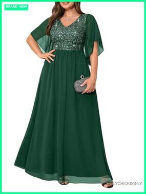 Plus Size Formal Evening Gown Sequin Lace Cape Sleeve Floor Length Dress